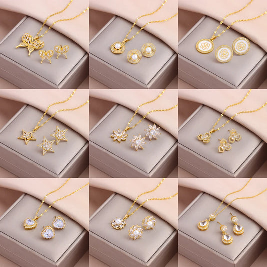 New Trendy 18K Gold Plated Necklaces Earrings For Women Female Daily Wear Stainless Steel Jewelry Set Girls Party Gift Wholesale