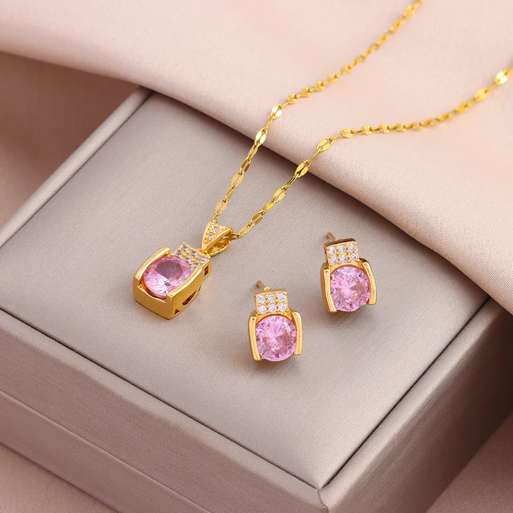 Pink Gemstone Cluster Necklace and Earring Set