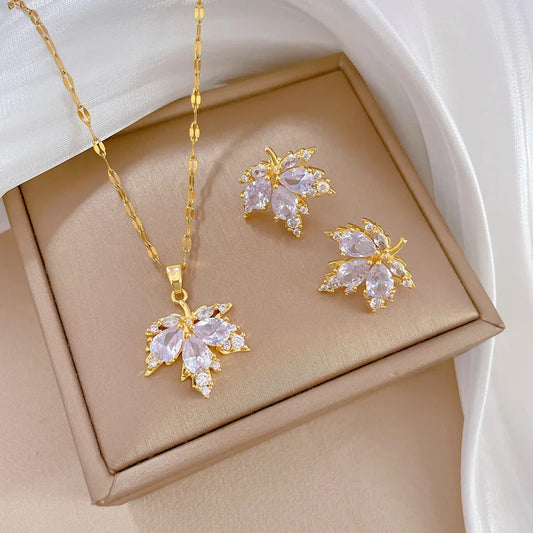 NEW Luxury Maple Leaf Necklace and Earring Set Light